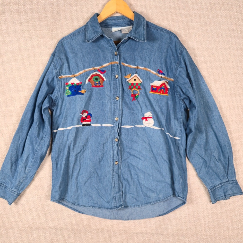 Vtg Cherokee Women's Denim Shirt Size L‎ Christmas Birdhouse Snowman Granny Core